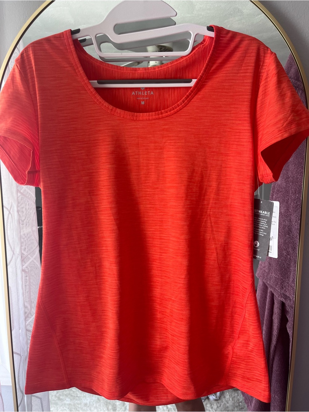 Athleta Women's Bright Red/Orange Shadow Stripe Chi Short Sleeve Scoop Neck Tee